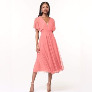 Azazie Tinsley V-Neck Midi Bridesmaid Dress in Watermelon